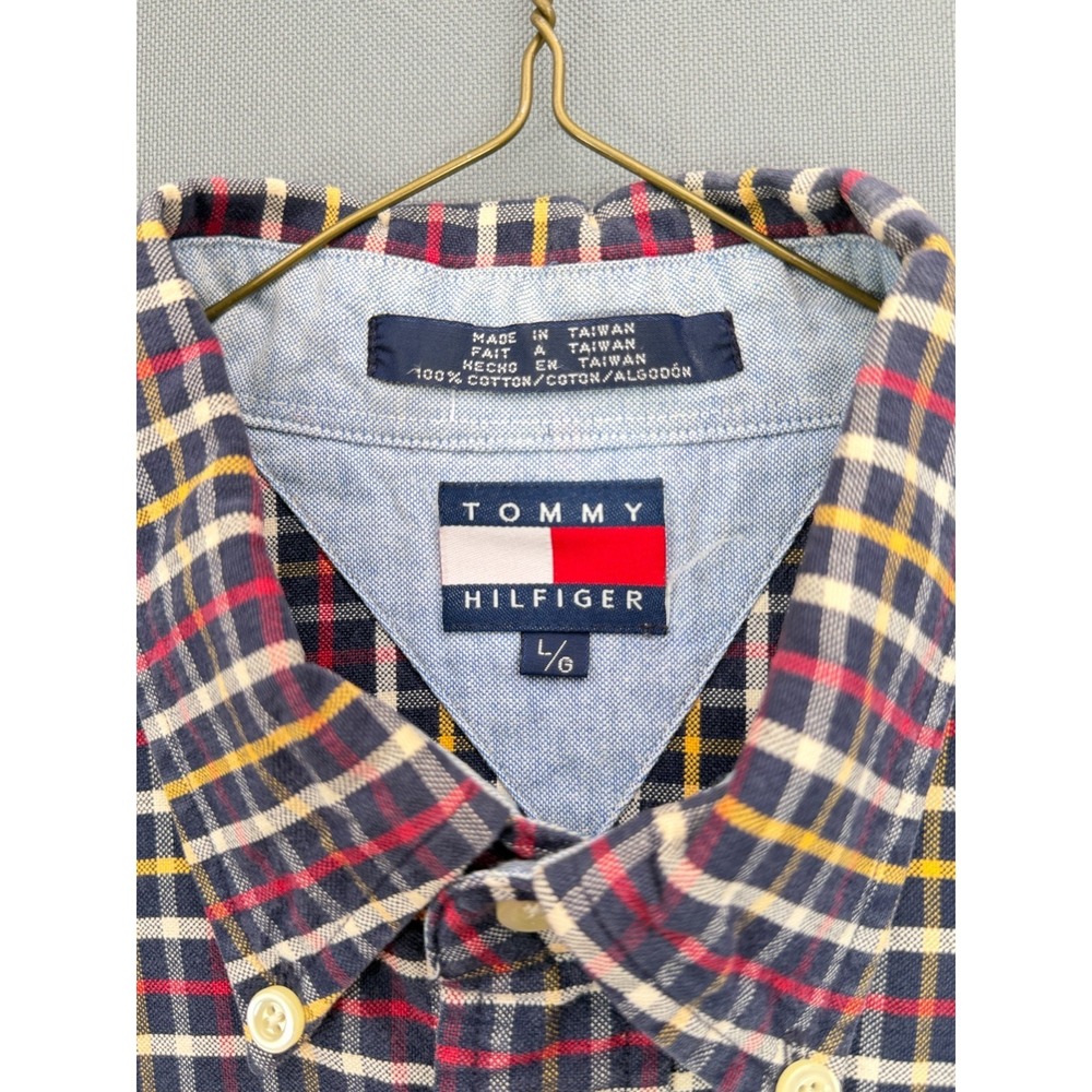 Tommy Hilfiger Mens Large Plaid Crest Logo Long Sleeve Button Down Shirt Cotton - Picture 4 of 5